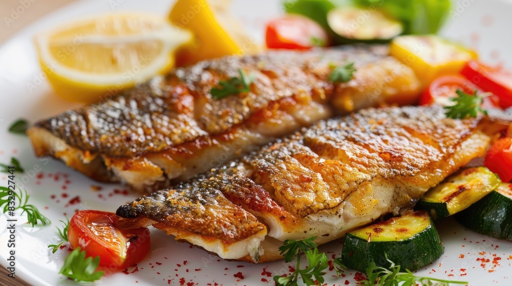 Fried fish fillet served with vegetables Fried fish fillet served with vegetables