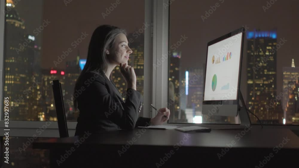 Young Confident Woman Working in Modern Office on Computer Desk At Night Young Confident Woman Working in Modern Office on Computer Desk At Night