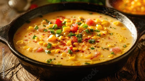 Creamed corn soup placed on a wooden table