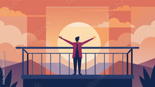 A lone figure stands on a foggy balcony arms outstretched as they soak in the warm rays of the sunrise.. Vector illustration
