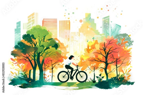 A person energetically rides a bike through a lush park on a sunny day