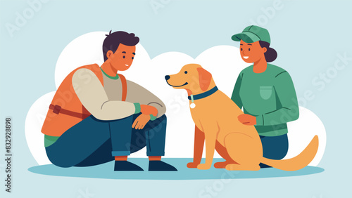A soldier struggling with PTSD finds solace in petting and talking to a therapy dog during a support group meeting.. Vector illustration