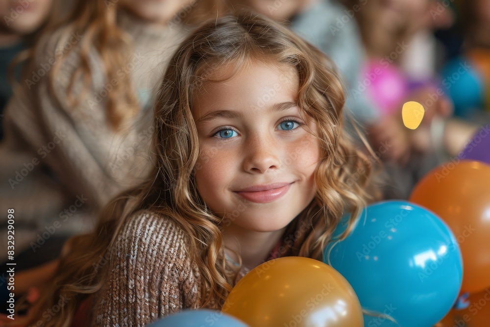 A cheerful child with curly hair smiles amongst colorful balloons at a party A cheerful child with curly hair smiles amongst colorful balloons at a party