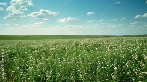 Scenic sight of buckwheat field beneath clear skies