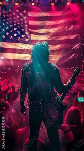 Rockstar on stage with electric guitar, performing to a crowd under vibrant lights, with an American flag backdrop, exuding rock and roll energy. photo