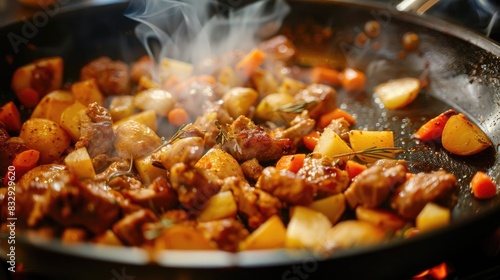 Cooking a mixture of meat potatoes and carrots in a black pan