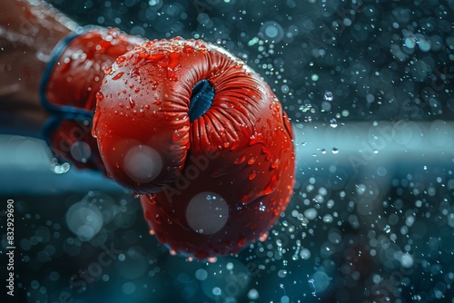 A dynamic close-up of a red boxing glove making contact with the surface, surrounded by water droplets photo