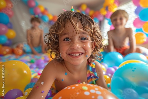 A playful child with wet hair grinning joyfully in a room filled with balloons and friends