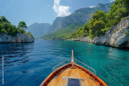 Stunning view from a boat cruising alongside towering rocky cliffs and serene waters