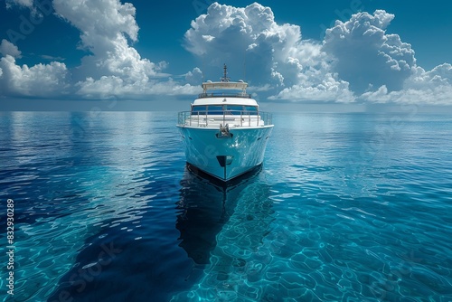 An elegant luxury yacht cruising on the open sea under a sky filled with beautiful clouds, reflecting on calm waters
