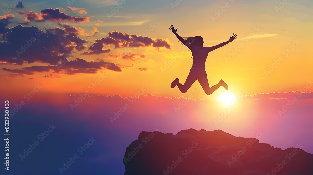 The successful woman feels immense joy when she reaches her objective, jumping on top of the mountain with arms open to welcome the new day as the sunrise illuminates her achievements The successful woman feels immense joy when she reaches her objective, jumping on top of the mountain with arms open to welcome the new day as the sunrise illuminates her achievements
