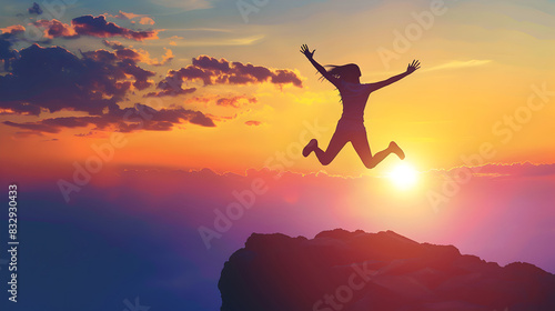 Wallpaper Mural The successful woman feels immense joy when she reaches her objective, jumping on top of the mountain with arms open to welcome the new day as the sunrise illuminates her achievements Torontodigital.ca