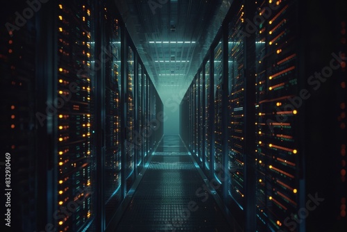 A dimly lit data center, endless rows of server racks stretching into the darkness, illuminated by status LEDs