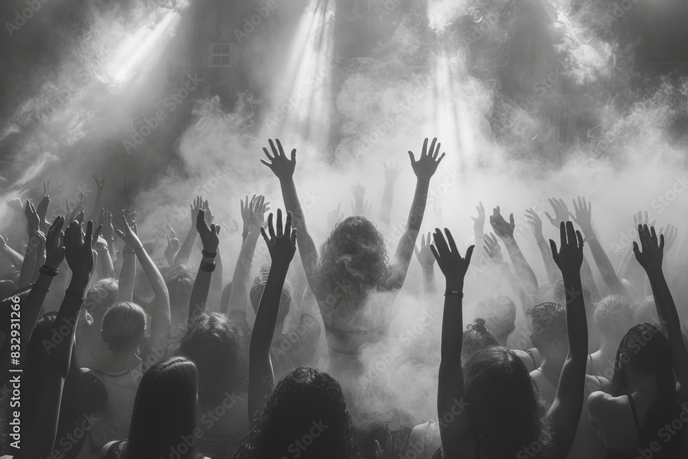 A black and white shot capturing the audience with raised hands in a smoky atmosphere