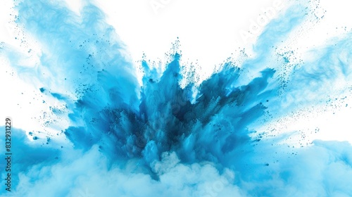Explosion of powder in sky blue color against a white background photo