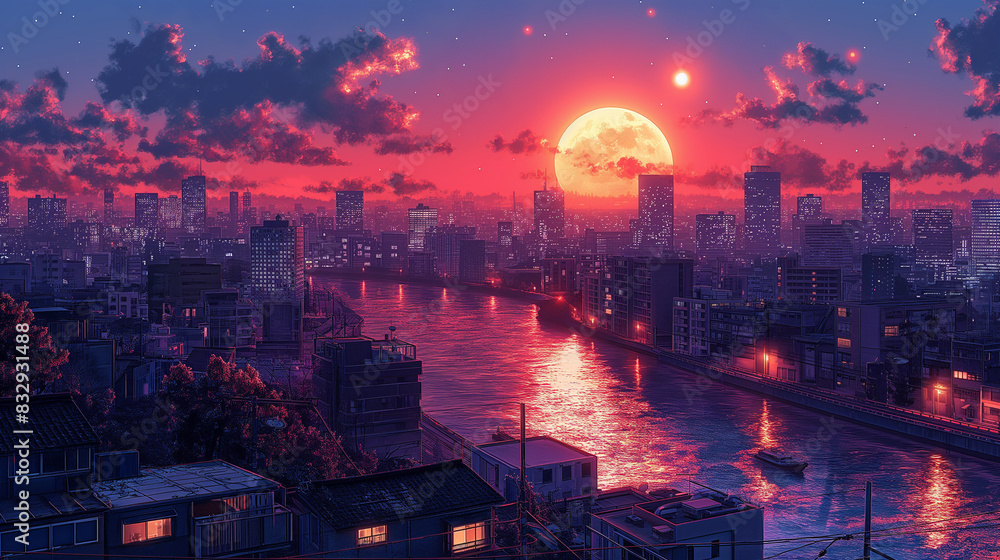 Obraz premium City painting with a beautiful sunset