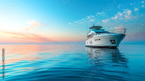 A white yacht gently floats on the calm water surface