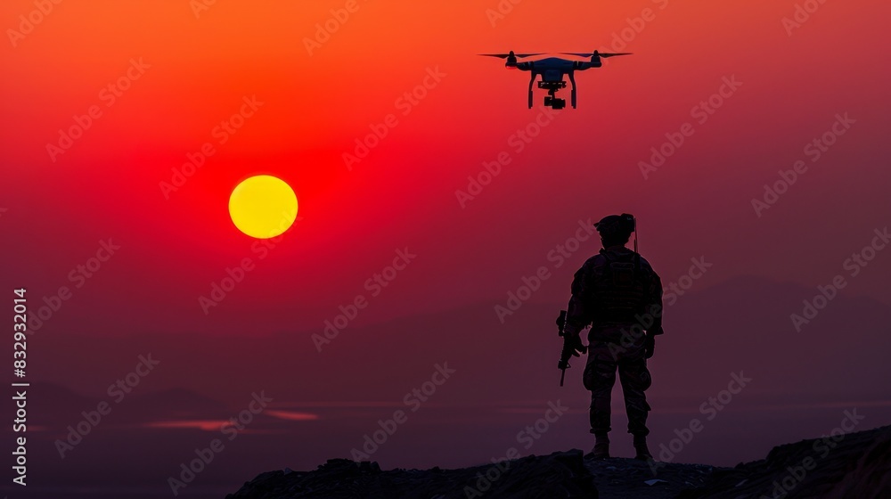 Fototapeta premium A small tactical drone hovering above a lone soldier silhouetted against a dramatic sunset
