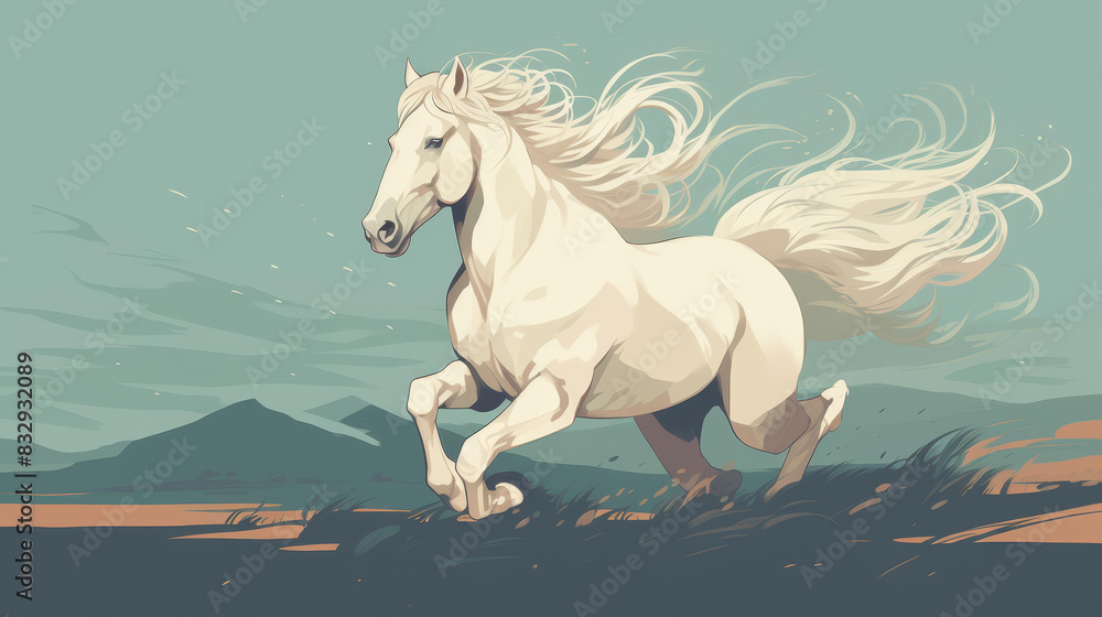Stunning illustration of a majestic horse galloping freely in a meadow with flowing mane and powerful strides. Stunning illustration of a majestic horse galloping freely in a meadow with flowing mane and powerful strides.