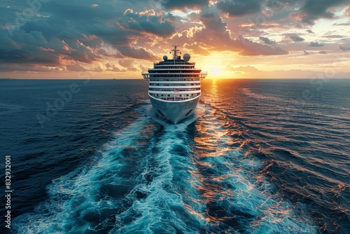 Full frontal perspective of a cruise ship moving into a sunset with the ocean trail behind it photo