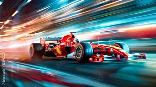 A Formula 1 red race car races through a tunnel at high speed