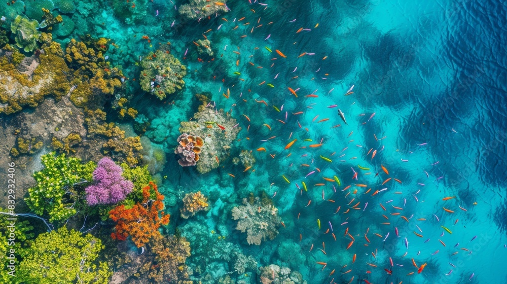 Fototapeta premium A vibrant coral reef teeming with colorful fish, visible from above through the crystal-clear turquoise water
