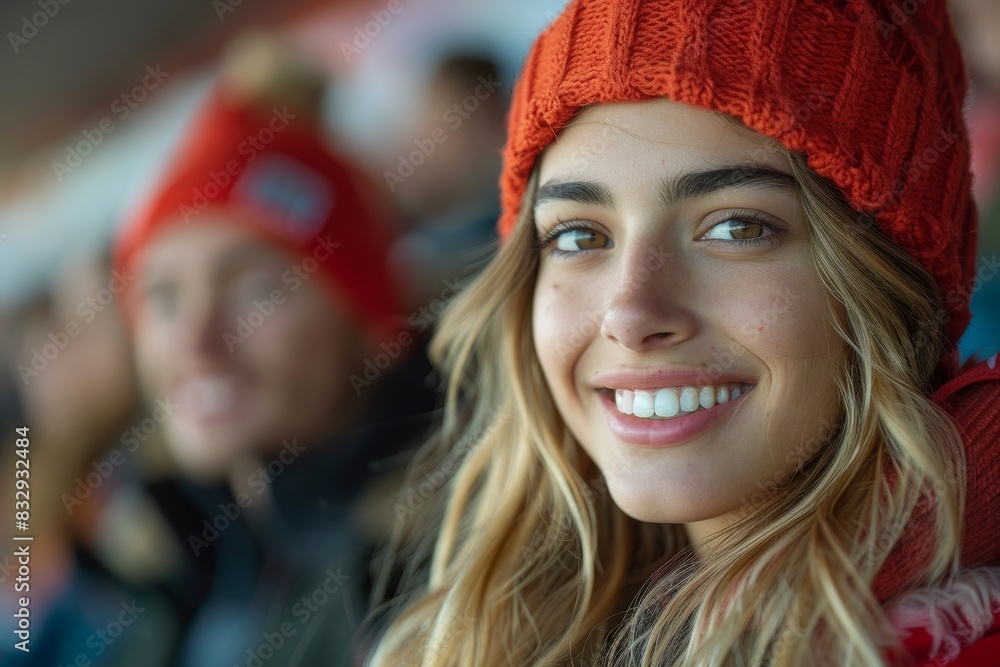 Close-up portrait of a young woman with a bright smile wearing a red knitted hat, conveying warmth and joy Close-up portrait of a young woman with a bright smile wearing a red knitted hat, conveying warmth and joy