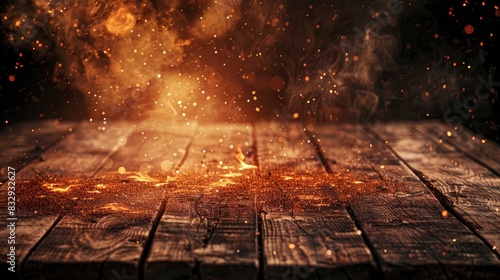 wooden table with Fire burning at the edge of the table, fire particles, sparks, and smoke in the air, with fire flames on a dark background to display products - Generative Ai 