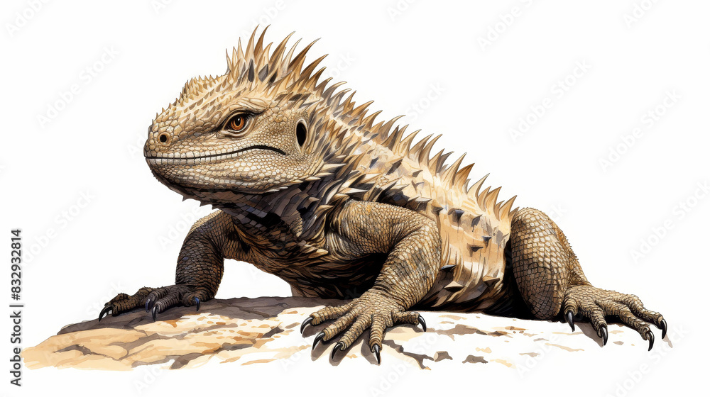 Obraz premium Captivating image of a tuatara, a living fossil with ancient reptilian traits, sunbathing against a clean backdrop.