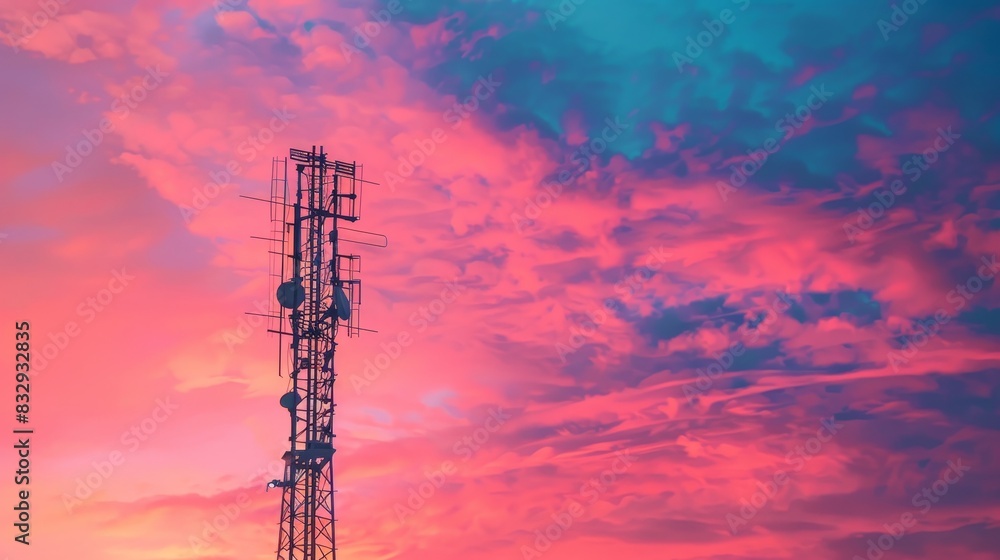 Fototapeta premium A tall tower with antennas is silhouetted against a pink and purple sky. The tower is surrounded by clouds, which add to the moody atmosphere of the scene. The colors of the sky