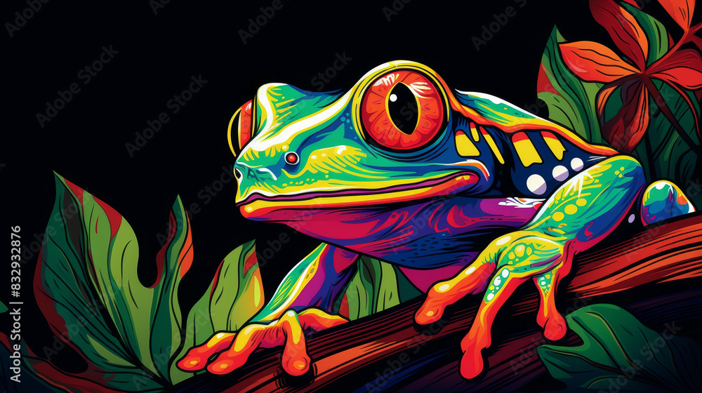 Lively illustration of a redeyed tree frog on a leaf with vivid colors and expressive eyes against a clean background. Lively illustration of a redeyed tree frog on a leaf with vivid colors and expressive eyes against a clean background.