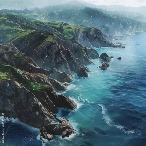 majestic aerial view of rugged coastal cliffs meeting the vast ocean showcasing the dynamic interplay between land and sea photorealistic digital painting