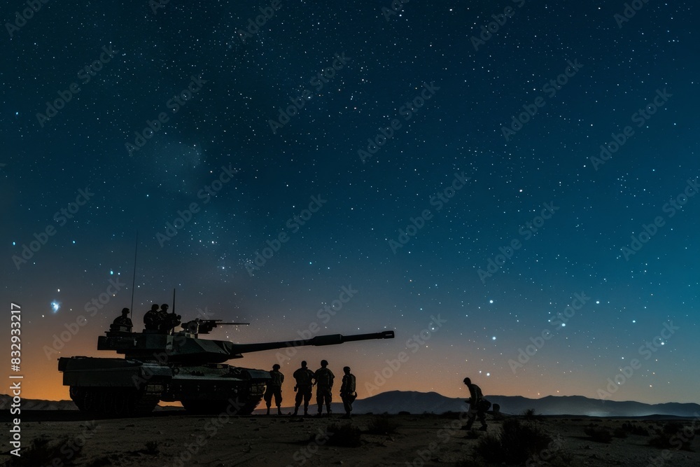 An M1 Abrams crew gathered around their tank at dusk, sharing a moment of camaraderie under a starry desert sky An M1 Abrams crew gathered around their tank at dusk, sharing a moment of camaraderie under a starry desert sky