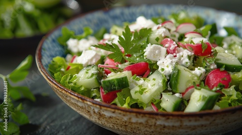 Fresh salad with radish cucumber romaine lettuce cottage cheese and yogurt