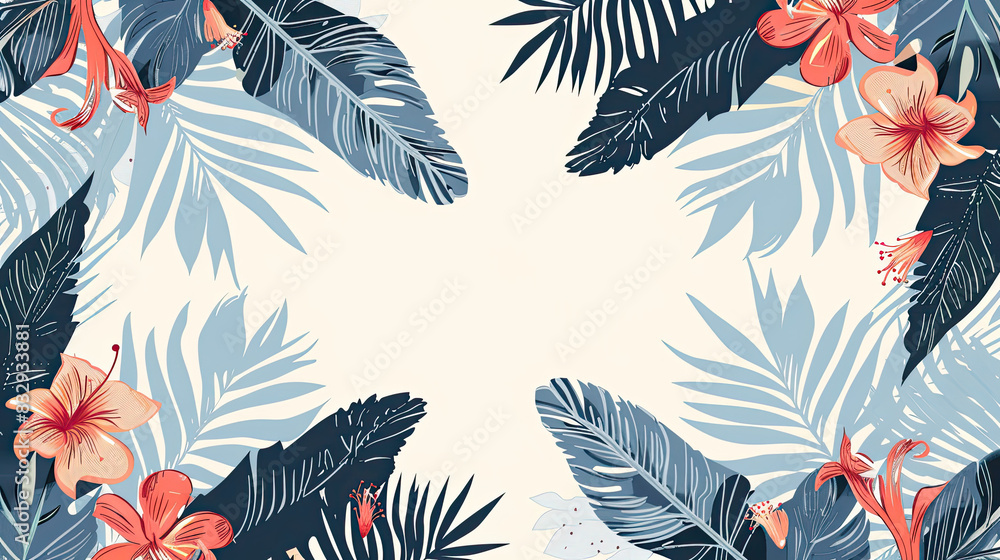 Tropical Floral Frame with Blue Leaves and Flowers generated with AI Tropical Floral Frame with Blue Leaves and Flowers generated with AI