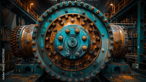 Massive Turbine Machinery in Industrial Setting. Close-up of large industrial turbine machinery with rust and teal coloration in a factory setting.