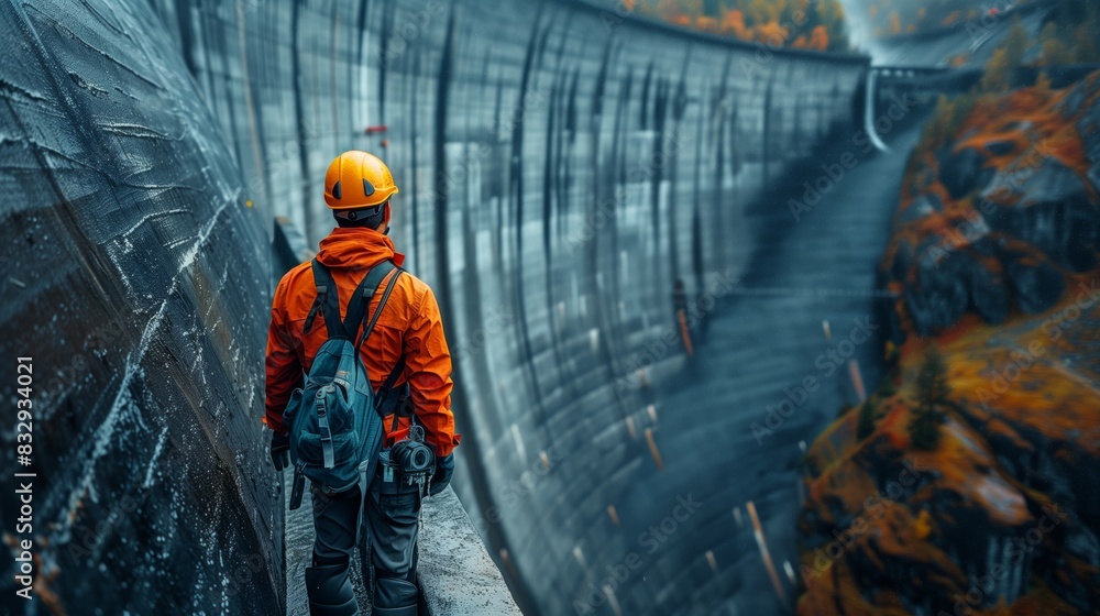 Engineer Overlooking Massive Dam Structure. Engineer in orange safety gear overlooking a massive dam structure, highlighting the scale and importance of engineering projects.