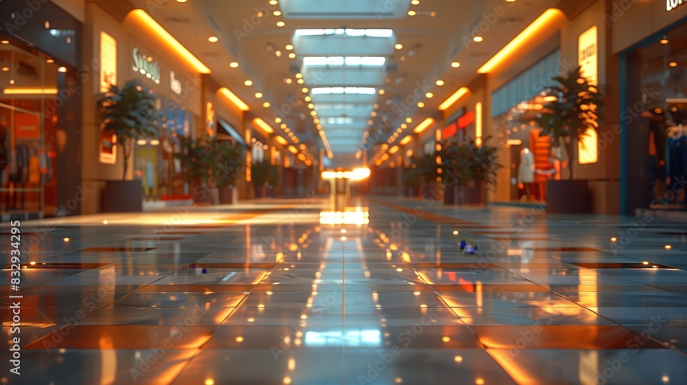 Modern Shopping Mall Interior with Lights. Bright and spacious shopping mall interior with illuminated store signs and a reflective floor, featuring a warm atmosphere.