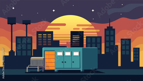 As the sun set on the horizon the lights flickered on in a bustling office building powered by a diesel generator that seamlessly took over when the. Vector illustration