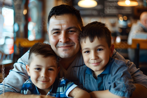 A happy father with two sons in a cafe, celebrating Father's Day and bonding as a family.