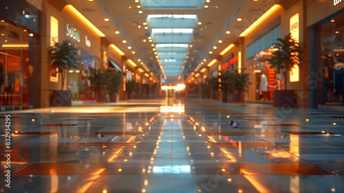 Modern Shopping Mall Interior with Lights. Bright and spacious shopping mall interior with illuminated store signs and a reflective floor  featuring a warm atmosphere.