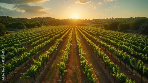 Vineyard at Sunset with Rows of Grapevines. Expansive vineyard with neatly arranged rows of grapevines bathed in sunset light, ideal for wine production and agritourism. photo