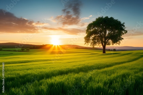 Golden Sunrise Over a Lush Green Field Illuminating the Serene Natural Landscape