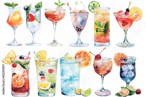 watercolor drinks and cocktails collection colorful painting on white background