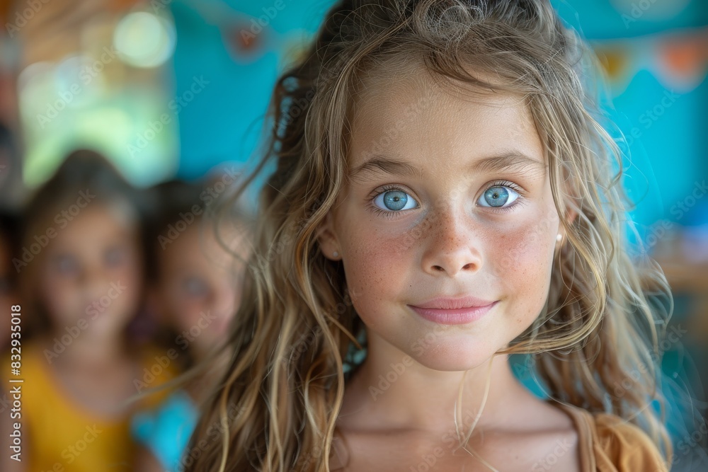 Portrait of a child with captivating blue eyes and wavy hair in a sunny classroom Portrait of a child with captivating blue eyes and wavy hair in a sunny classroom