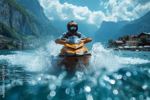 Calm yet captivating scene of a jet ski rider on a mountain lake with quaint village and mountains in the background © LifeMedia