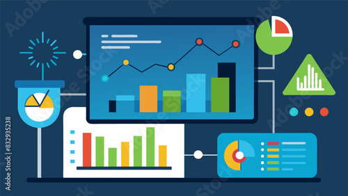 Detailed graphs and charts are displayed on a projector illustrating the current energy usage trends and potential for improvement.. Vector illustration