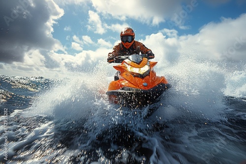 A dynamic image capturing a person riding an orange jet ski on choppy sea waters under a cloudy sky