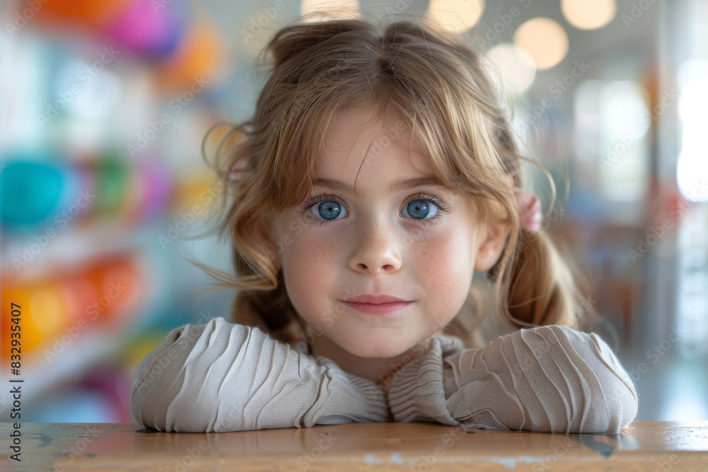 Blonde young girl with big blue eyes resting her chin on her hands at a school desk, looking pensive and cute Blonde young girl with big blue eyes resting her chin on her hands at a school desk, looking pensive and cute