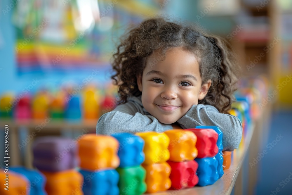 A smiling child with curly hair crouching behind a row of bright, colorful building blocks in a playroom A smiling child with curly hair crouching behind a row of bright, colorful building blocks in a playroom
